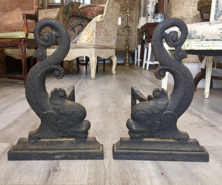 19th Century Cast Iron Dolphin Andirons at 1stDibs