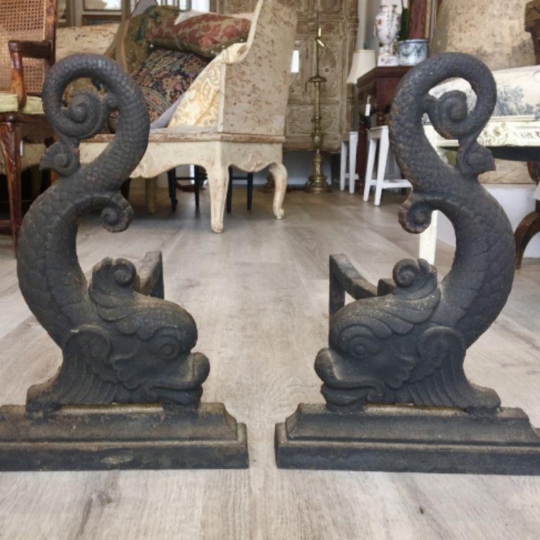 American 19th Century Cast Iron Dolphin Andirons