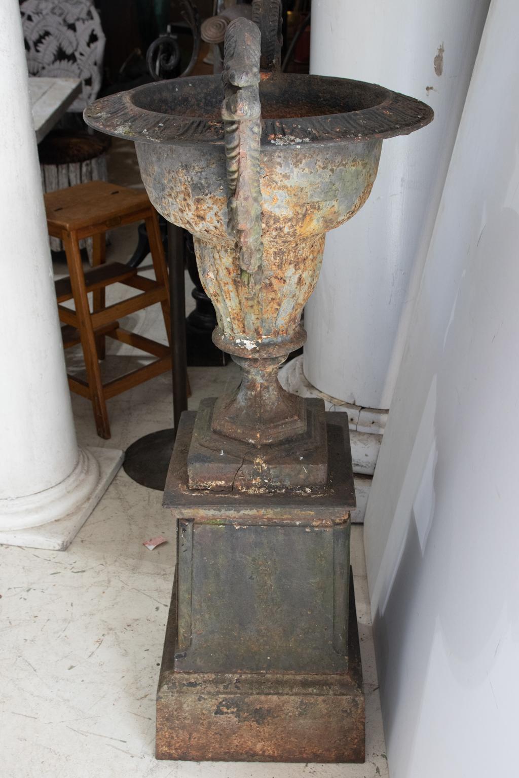 Neoclassical 19th Century Cast Iron Double Handle Urn on Base