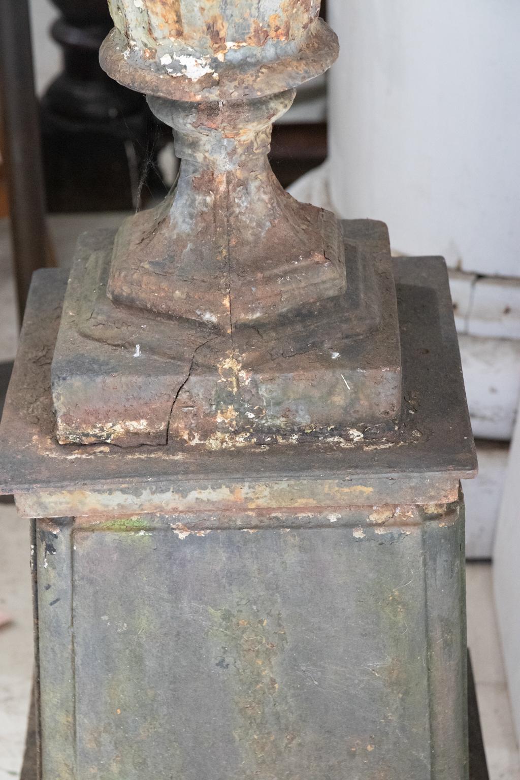 19th Century Cast Iron Double Handle Urn on Base In Good Condition In Stamford, CT