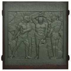 19. Jahrhundert Cast Iron Fireback Figural Foundry Arbeiter Darstellung