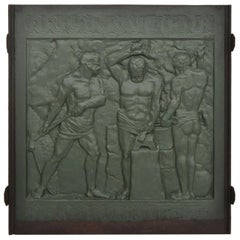 Plaque de cheminée en fonte du 19e siècle Représentation figurative d'un ouvrier de fonderie