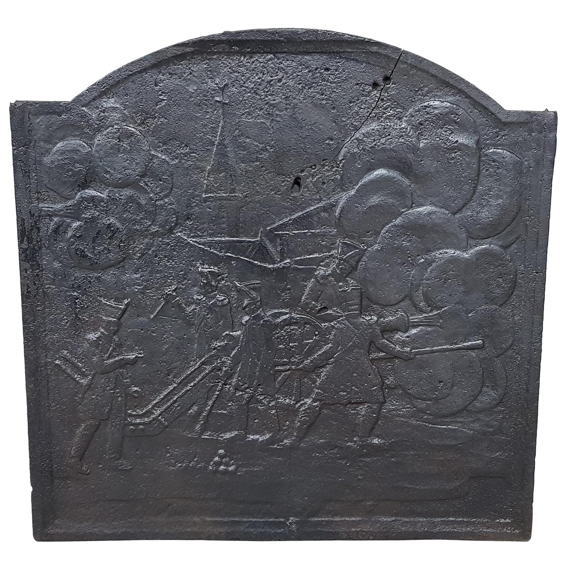 19th Century Cast Iron Fireback with Artillery For Sale