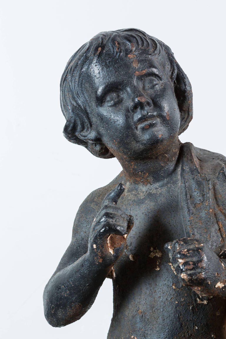 19th Century Cast Iron Fiske Cherub Boy Garden Statue For Sale at 1stDibs