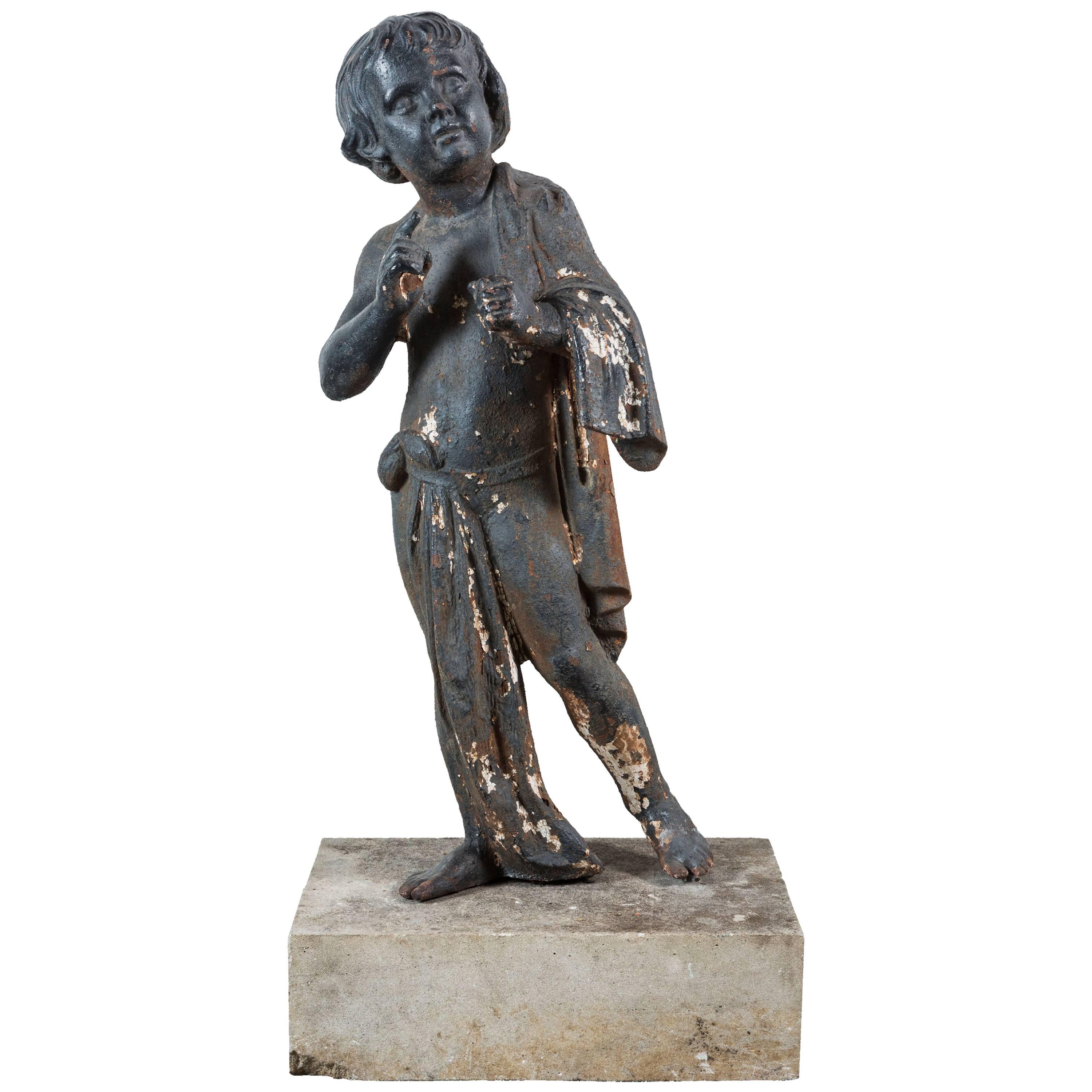 19th Century Cast Iron Fiske Cherub Boy Garden Statue