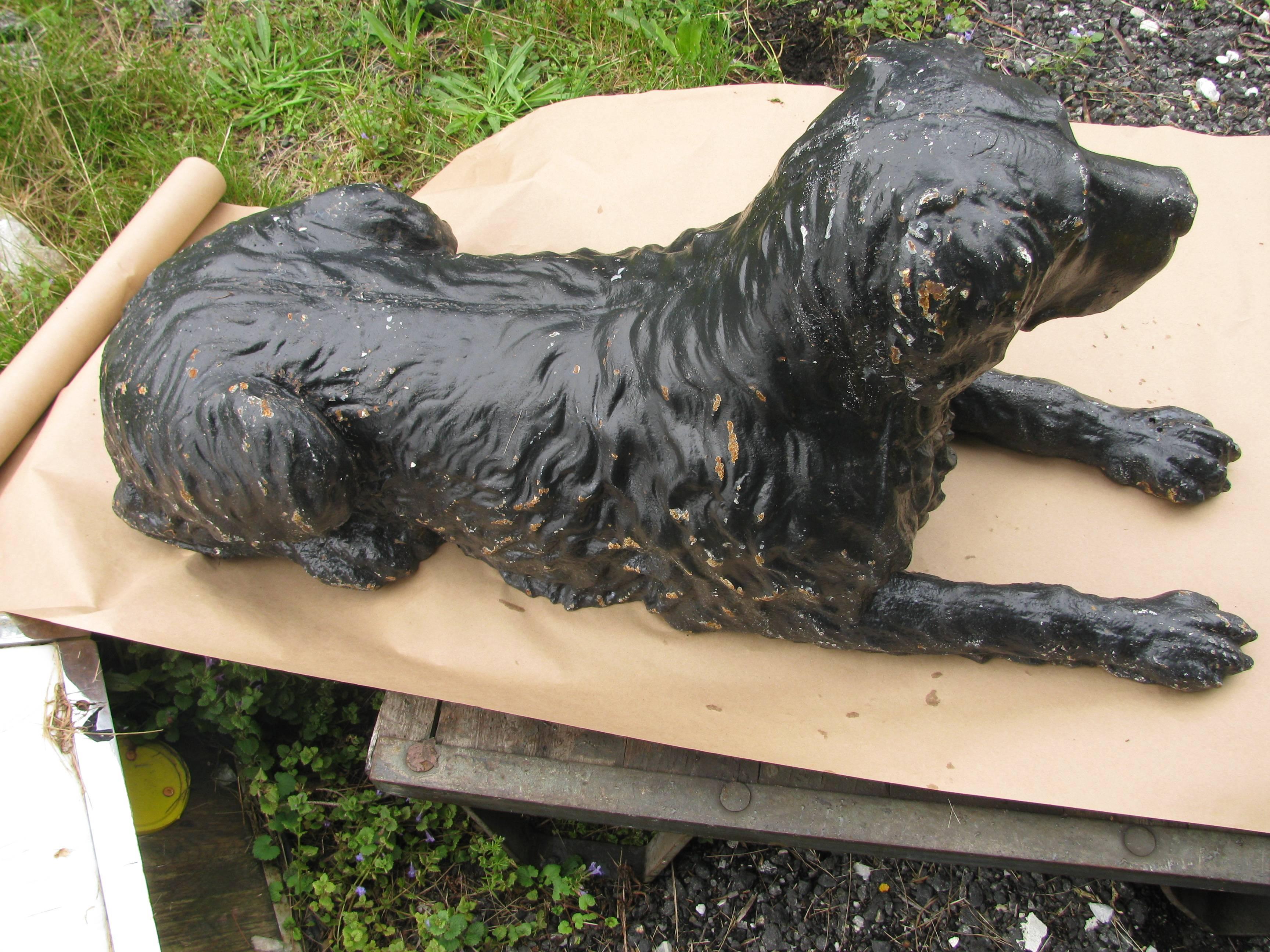19th Century Cast Iron Garden Dog Laying Down In Excellent Condition In Port Jervis, NY