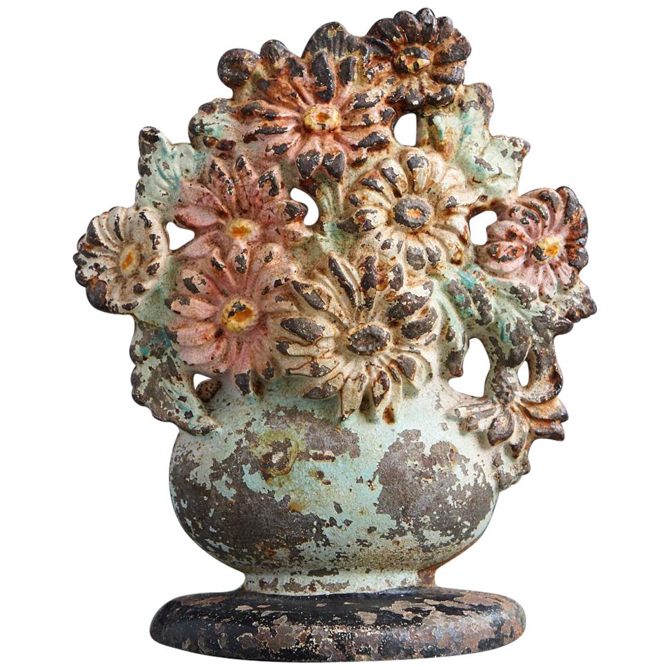 19th Century Cast Iron Hand-Painted Polychrome Flower Bouquet in Vase Doorstop For Sale