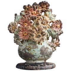 19th Century Cast Iron Hand-Painted Polychrome Flower Bouquet in Vase Doorstop