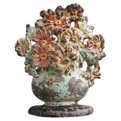 19th Century Cast Iron Hand-Painted Polychrome Flower Bouquet in Vase Doorstop