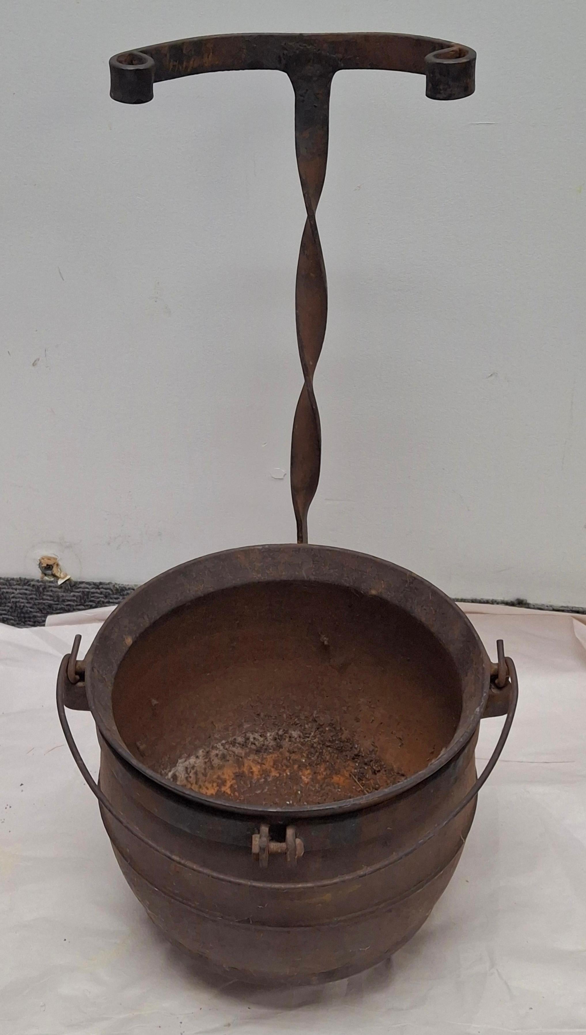 American Colonial 19th Century Cast Iron Handled Cauldron with Stand For Sale