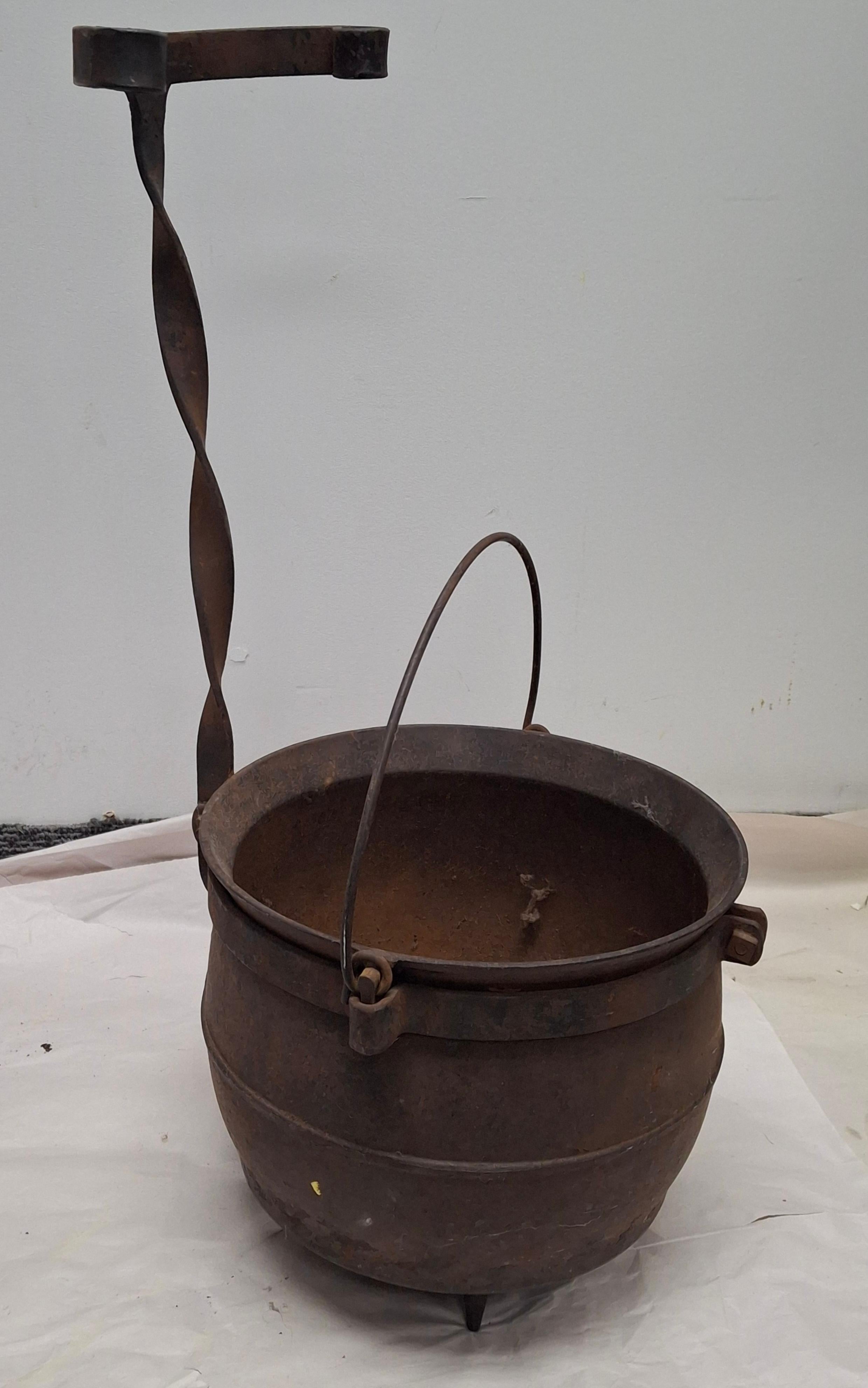 American 19th Century Cast Iron Handled Cauldron with Stand For Sale