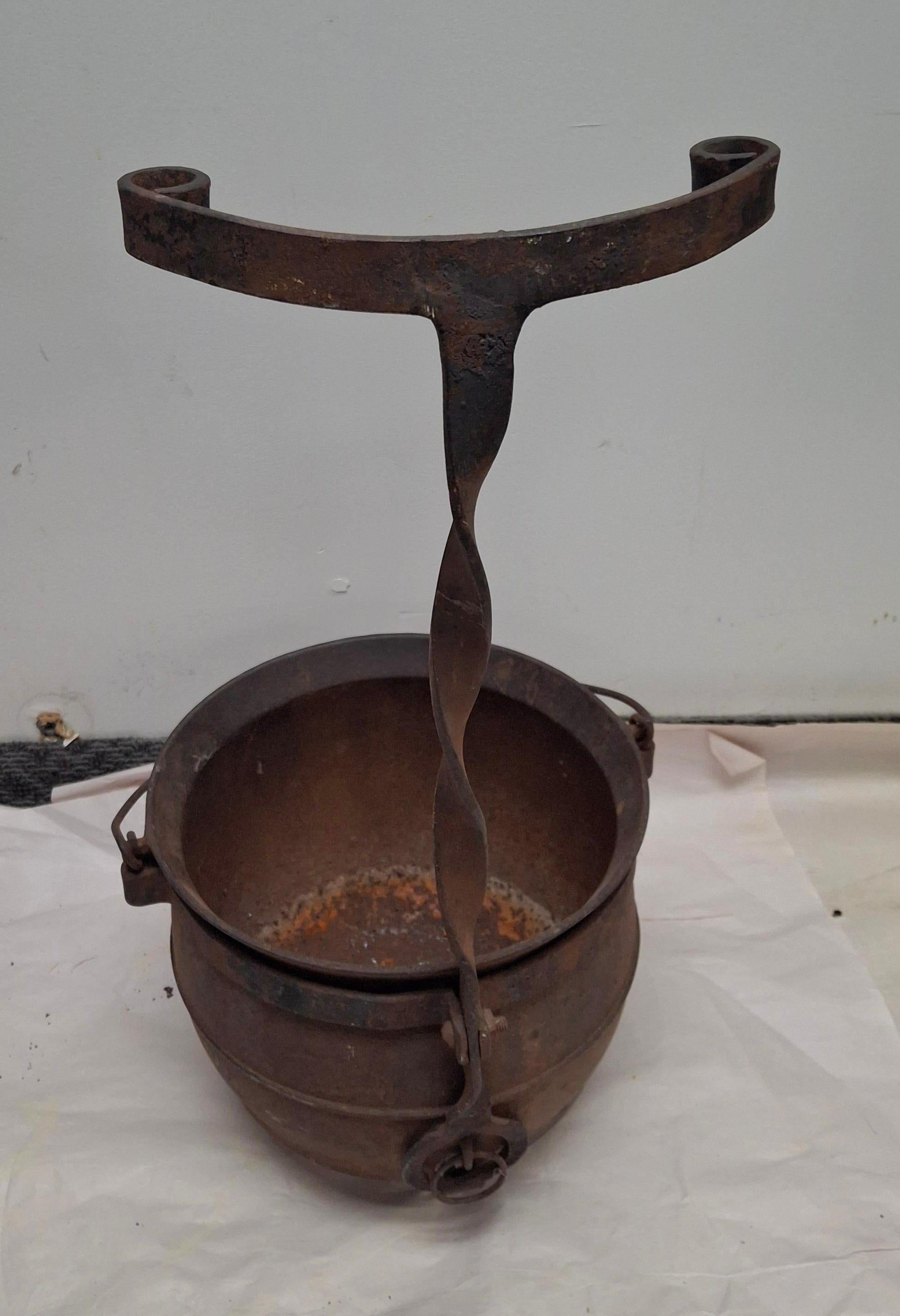 19th Century Cast Iron Handled Cauldron with Stand In Good Condition For Sale In Germantown, MD