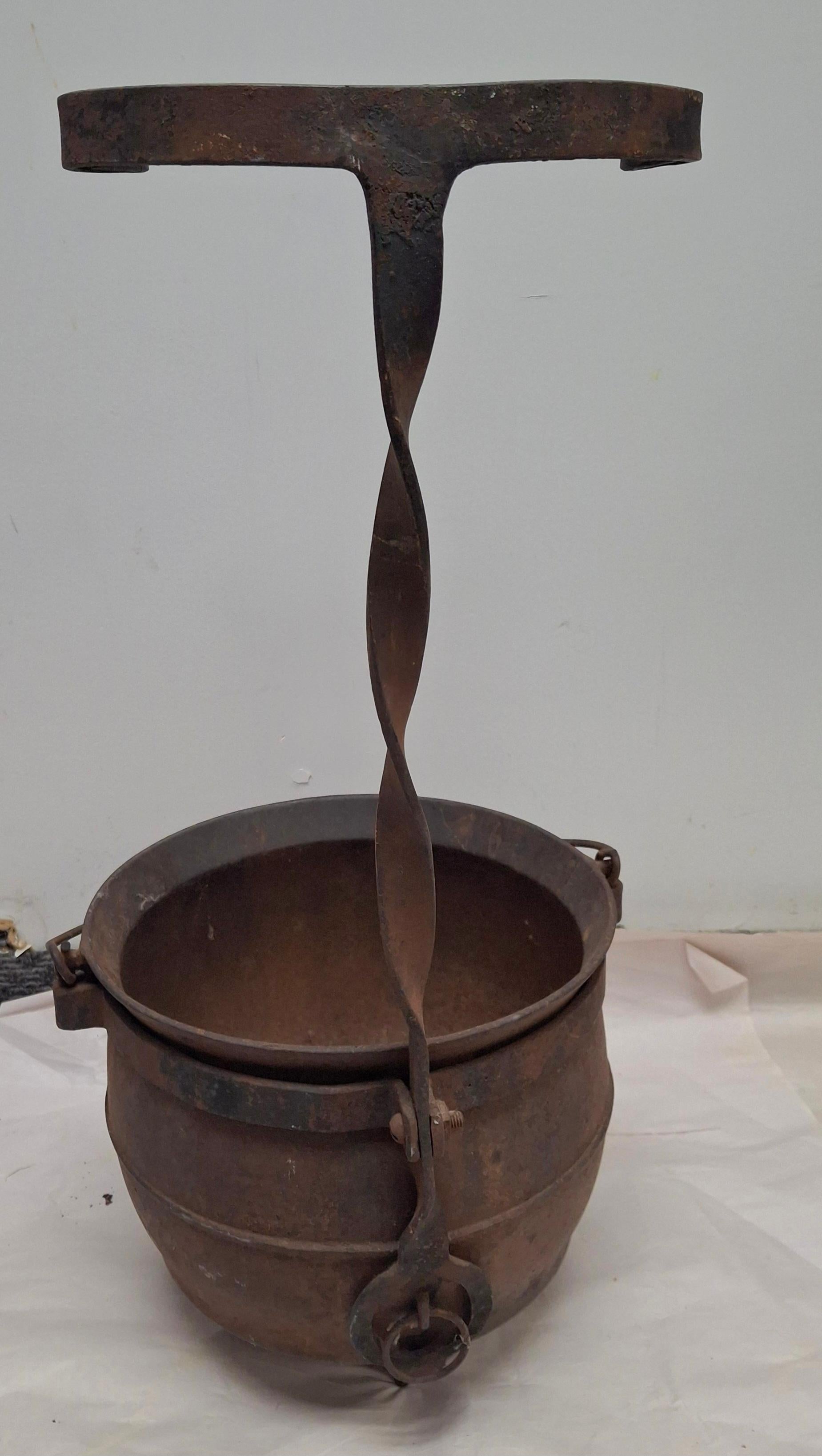 19th Century Cast Iron Handled Cauldron with Stand For Sale 1