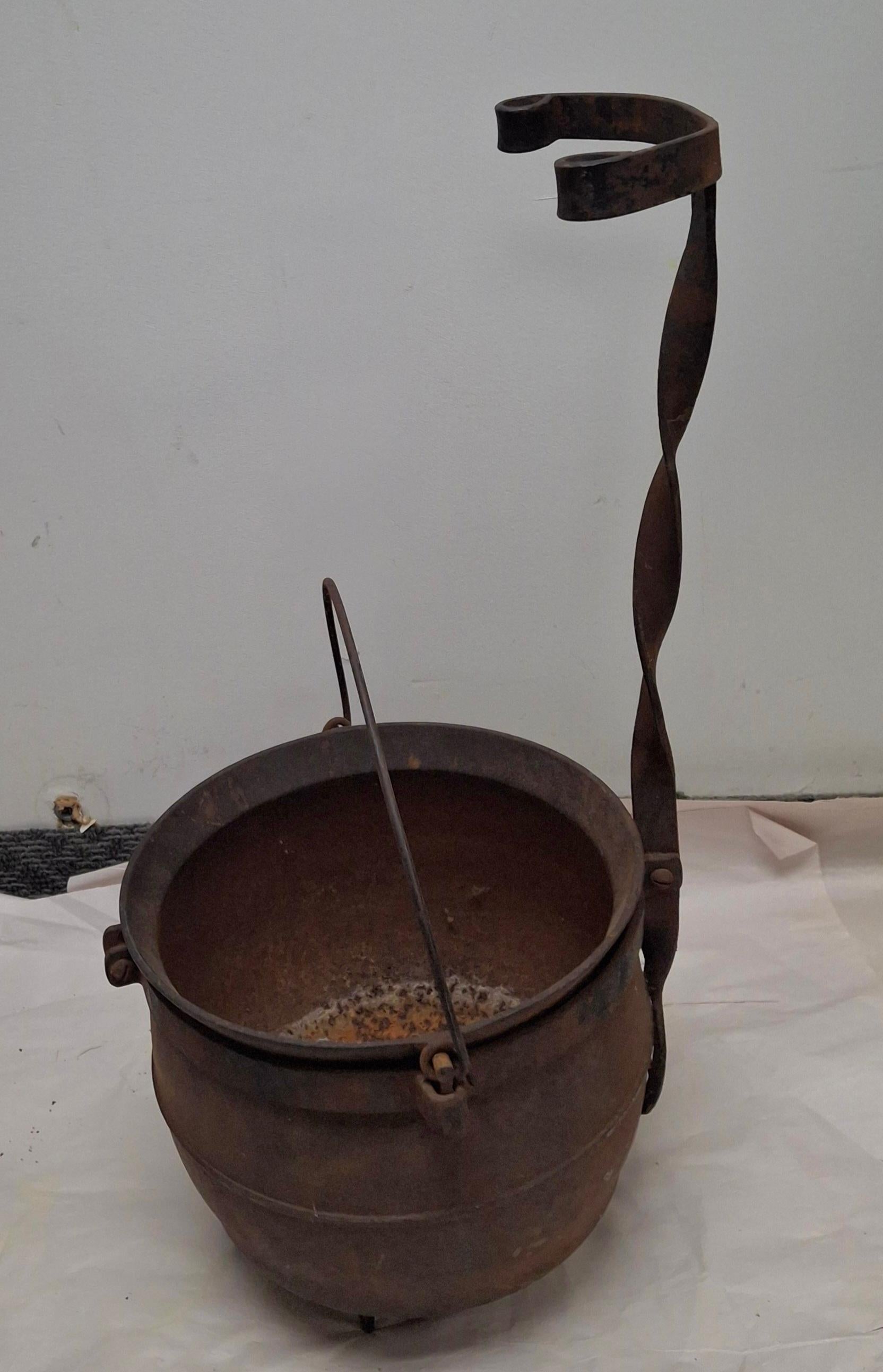 19th Century Cast Iron Handled Cauldron with Stand For Sale 2