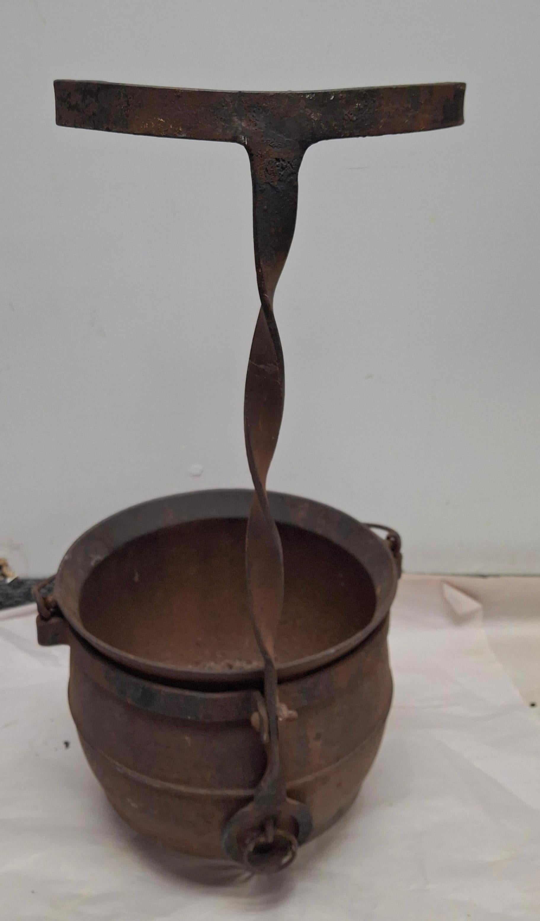 19th Century Cast Iron Handled Cauldron with Stand For Sale 3