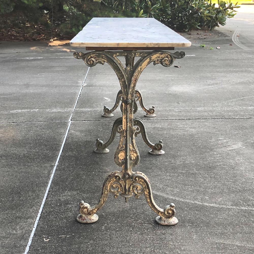 19th Century Iron French Sofa Table, Confectioner's Table with Honed Marble 1