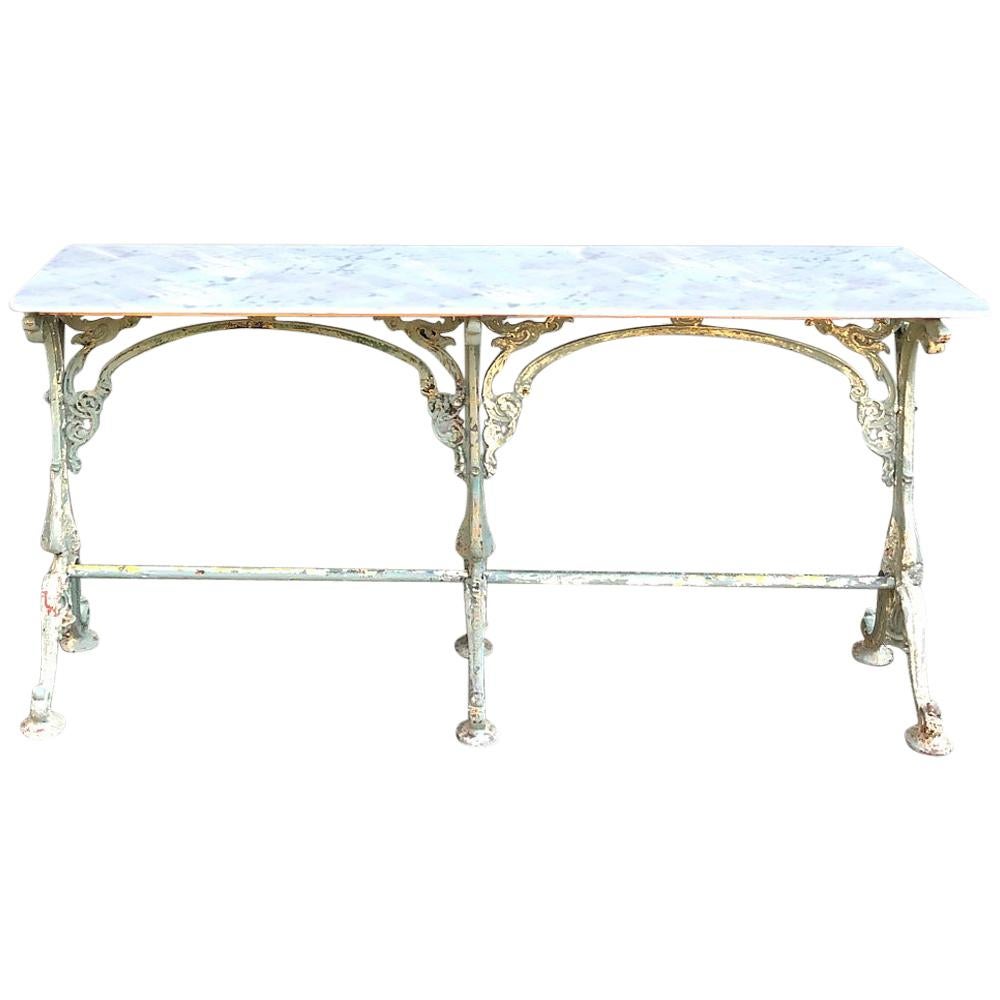 19th Century Iron French Sofa Table, Confectioner's Table with Honed Marble