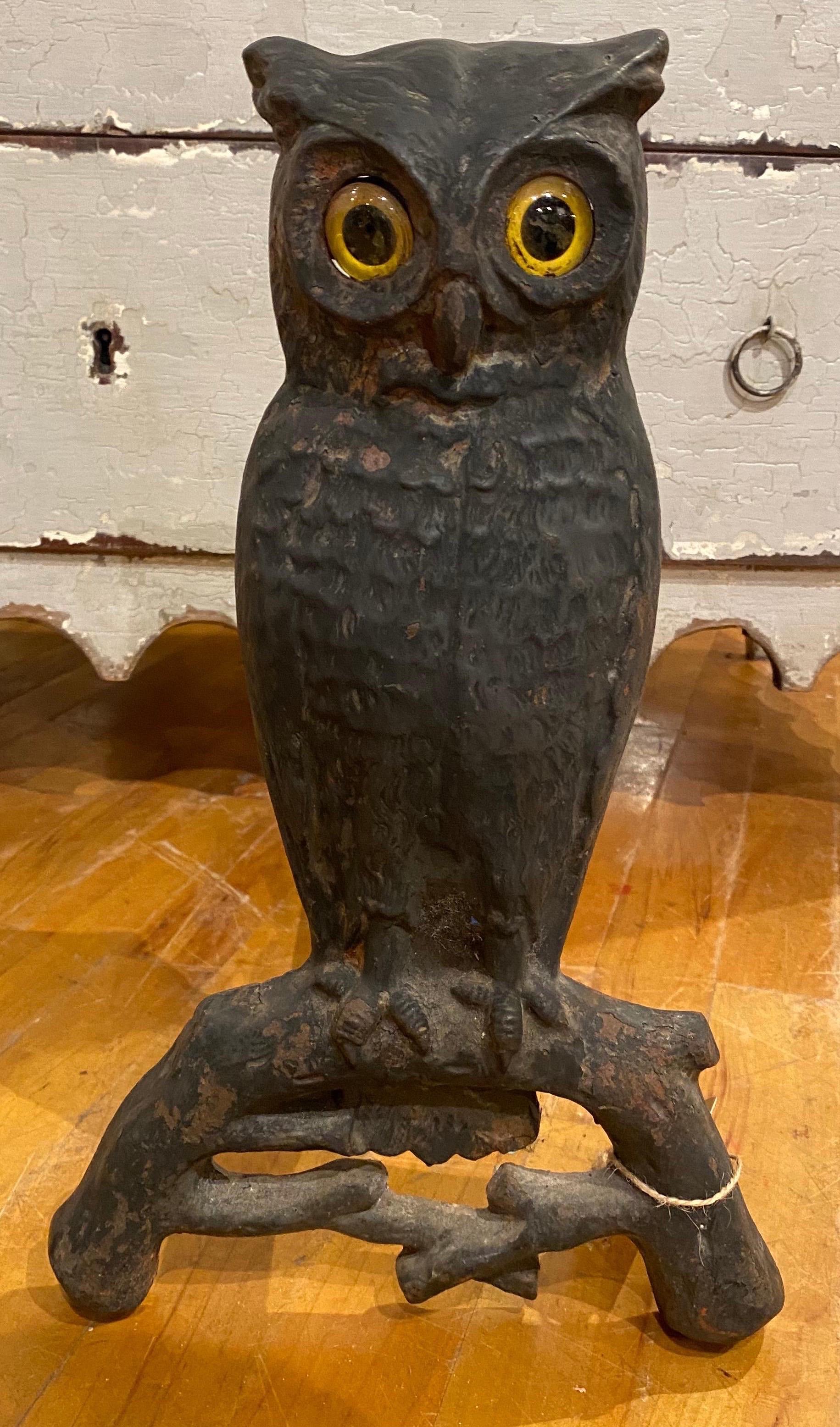 American 19th Century Cast Iron Owl Andirons with Glass Eyes