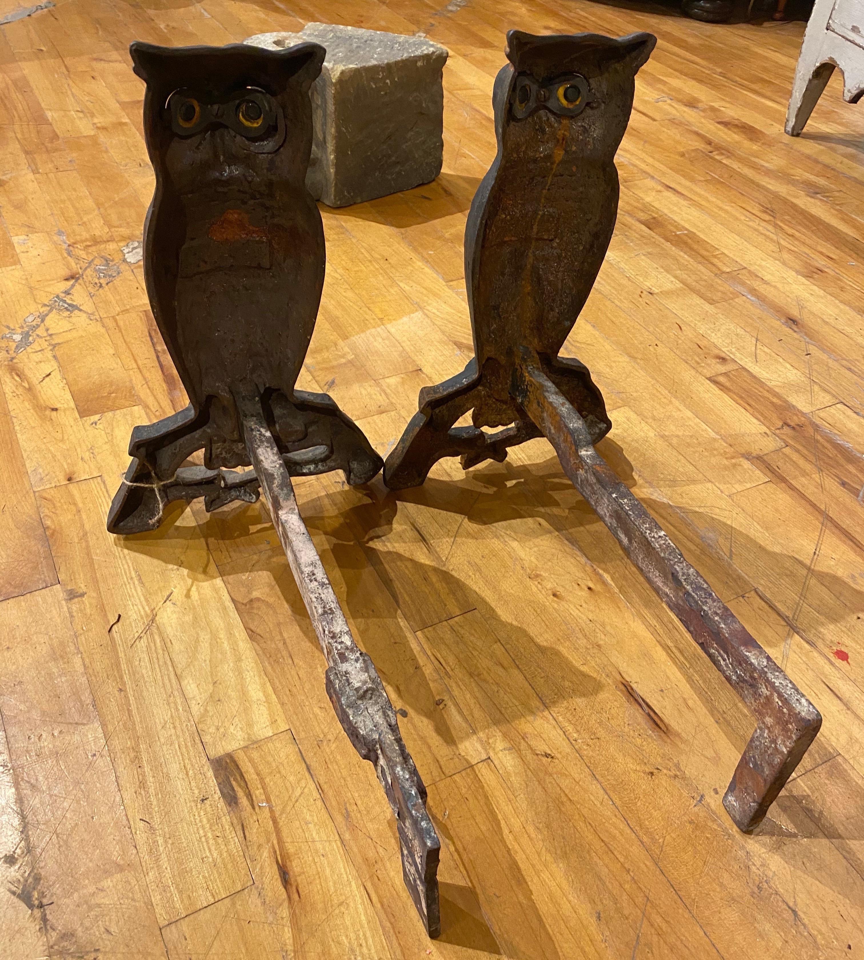 19th Century Cast Iron Owl Andirons with Glass Eyes In Good Condition In Richmond, VA