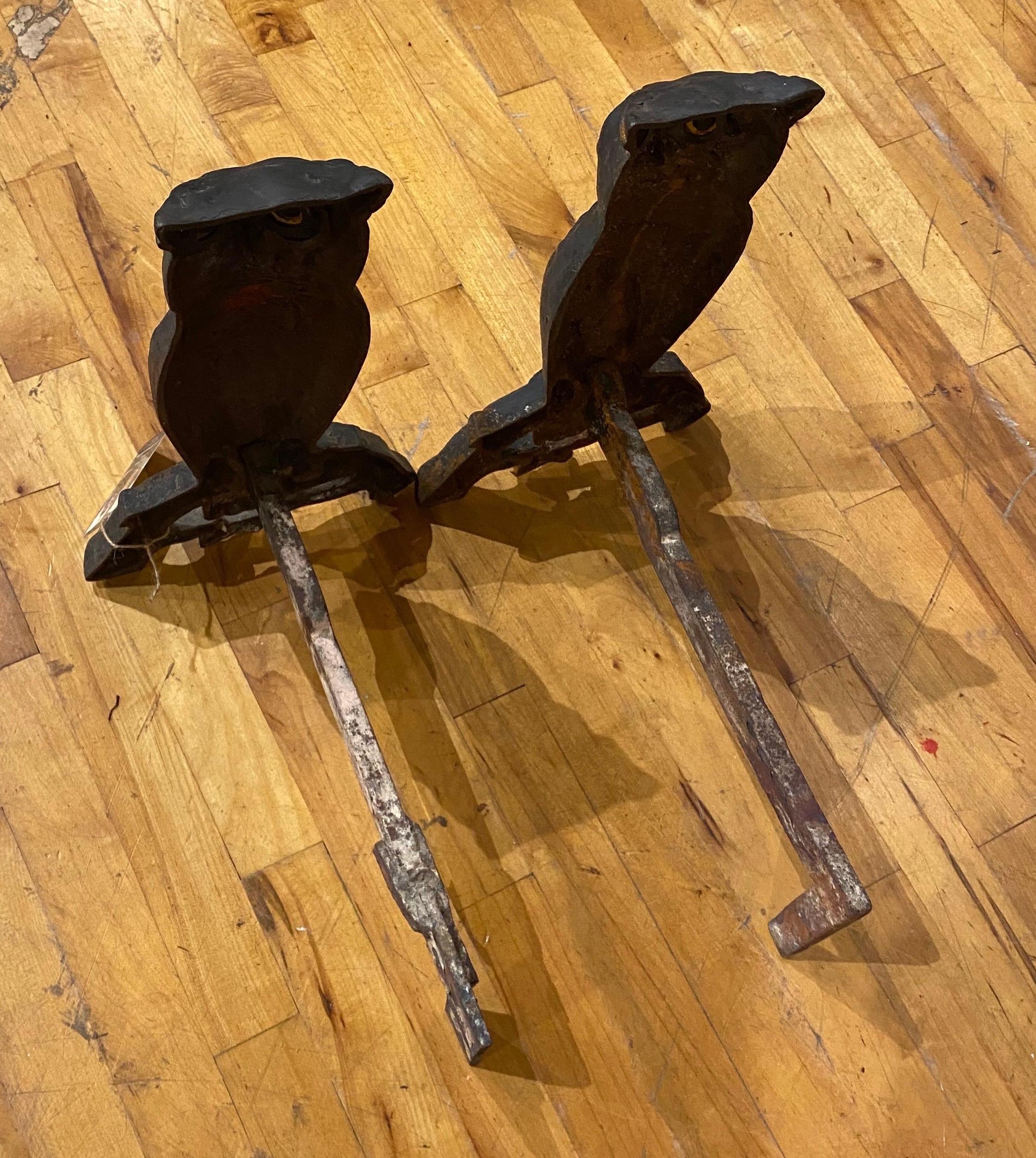 19th Century Cast Iron Owl Andirons with Glass Eyes 1