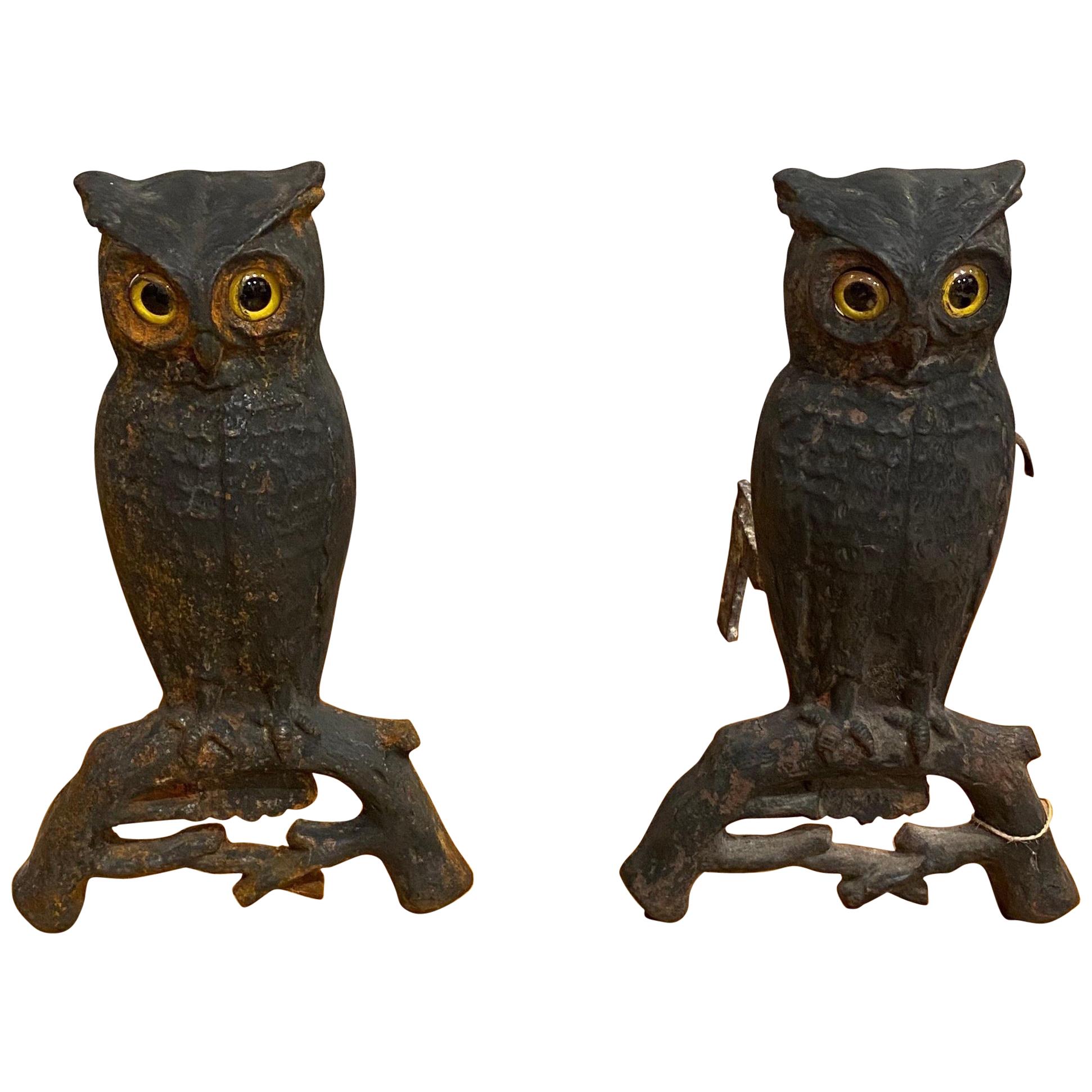 19th Century Cast Iron Owl Andirons with Glass Eyes