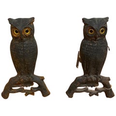 Antique 19th Century Cast Iron Owl Andirons with Glass Eyes