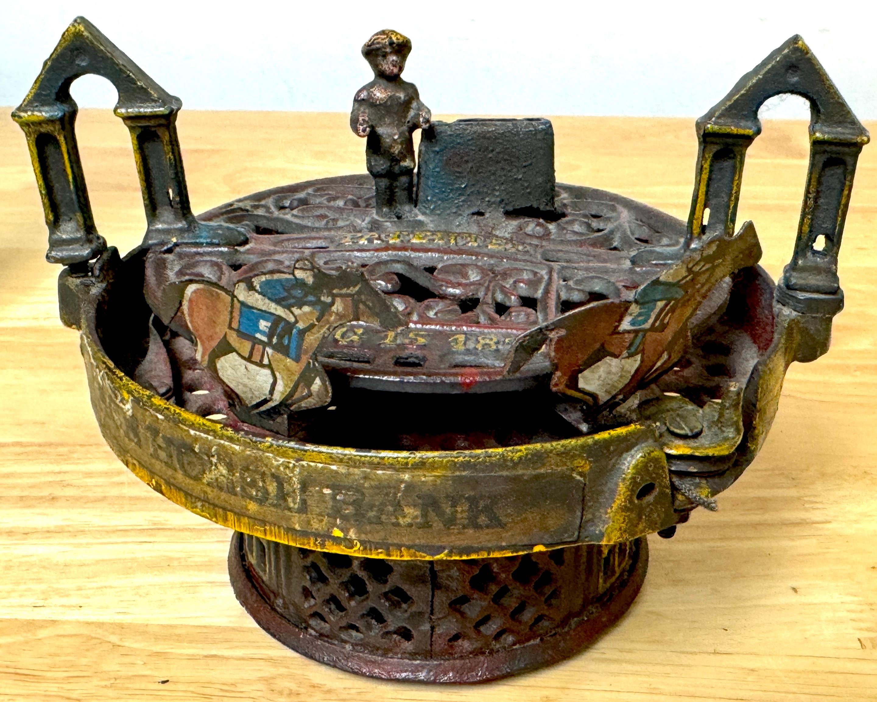 19th Century Cast Iron Race Horse Bank by J & E Stevens Co. 1871
USA, Circa 1871

This rare 19th-century cast iron Race Horse bank by J & E Stevens Co., patented on August 15, 1871, is a beautifully patinated and finely crafted piece of Americana.