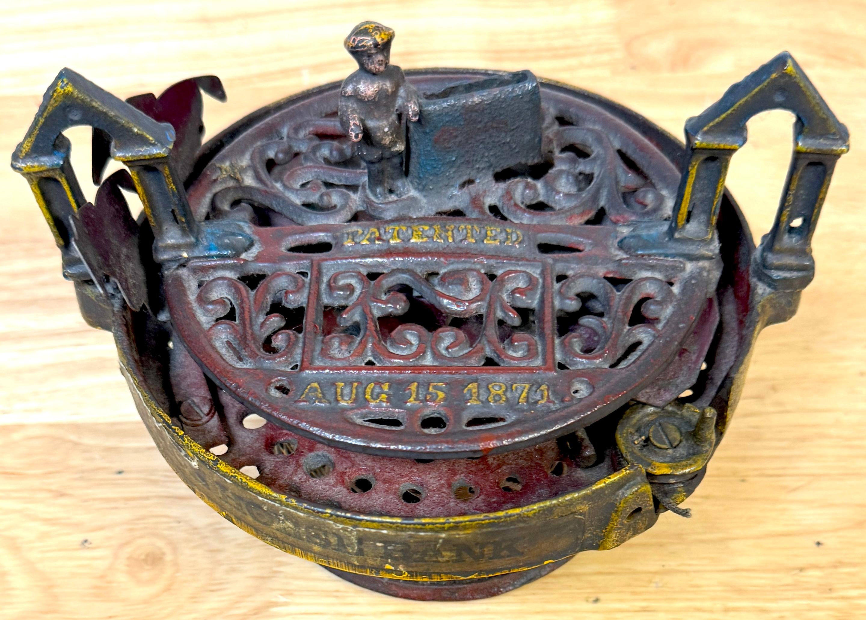 Painted 19th Century Cast Iron Race Horse Bank by J & E Stevens Co. 1871 For Sale