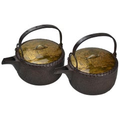 19th Century Cast Iron Sake Ewers with Gold Lacquer Lids "Seven Wise Men"