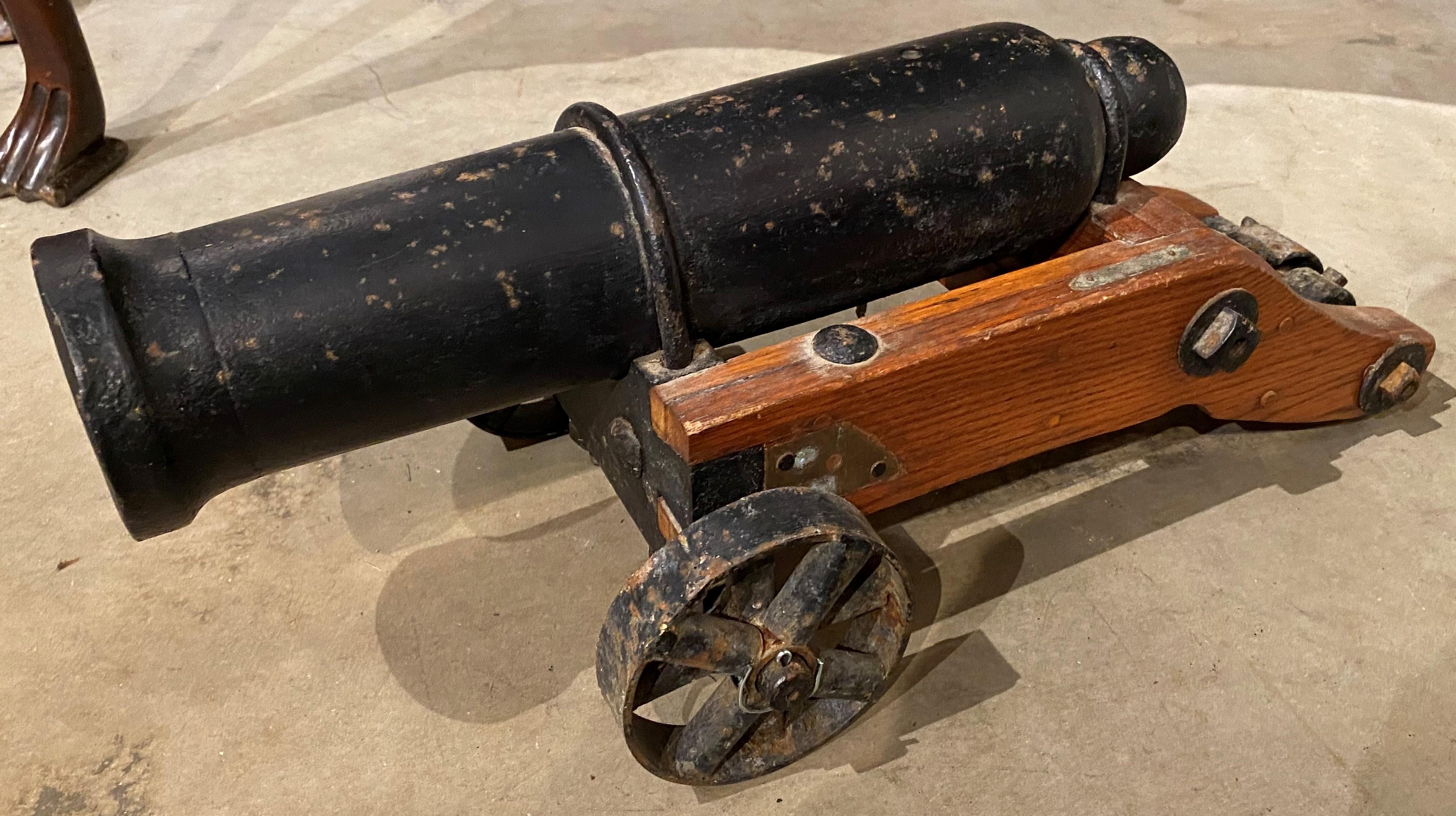 Hand-Carved 19th Century Cast Iron Signal Cannon on Wooden Carriage