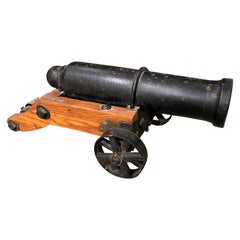 Antique 19th Century Cast Iron Signal Cannon on Wooden Carriage