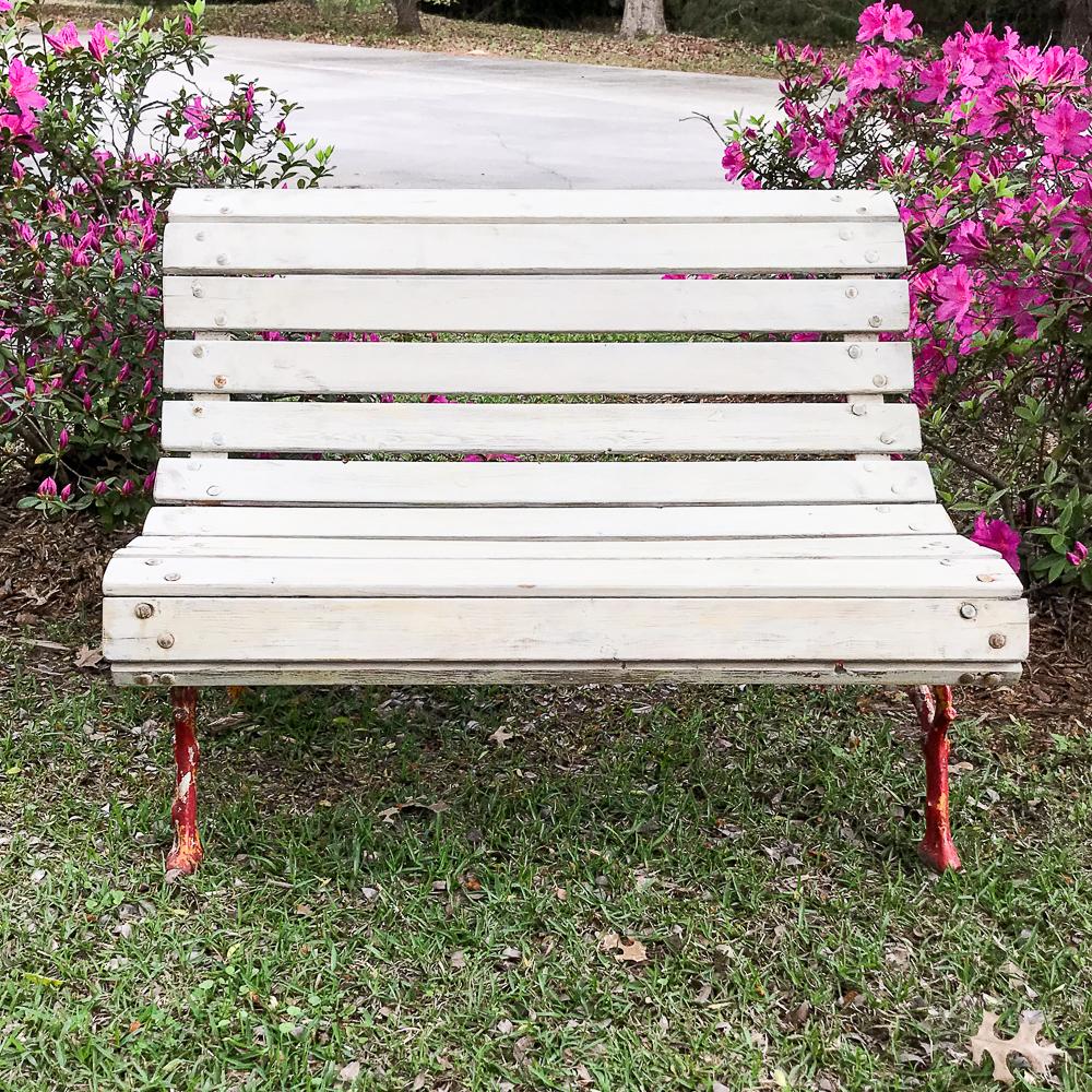 19th century cast iron and slat garden bench is surprisingly ergonomic, and features an intricately cast framework with horizontal slats that provide excellent comfort in style for your garden, patio or balcony,
circa 1890s
Measures: 29.5 H x 39.5