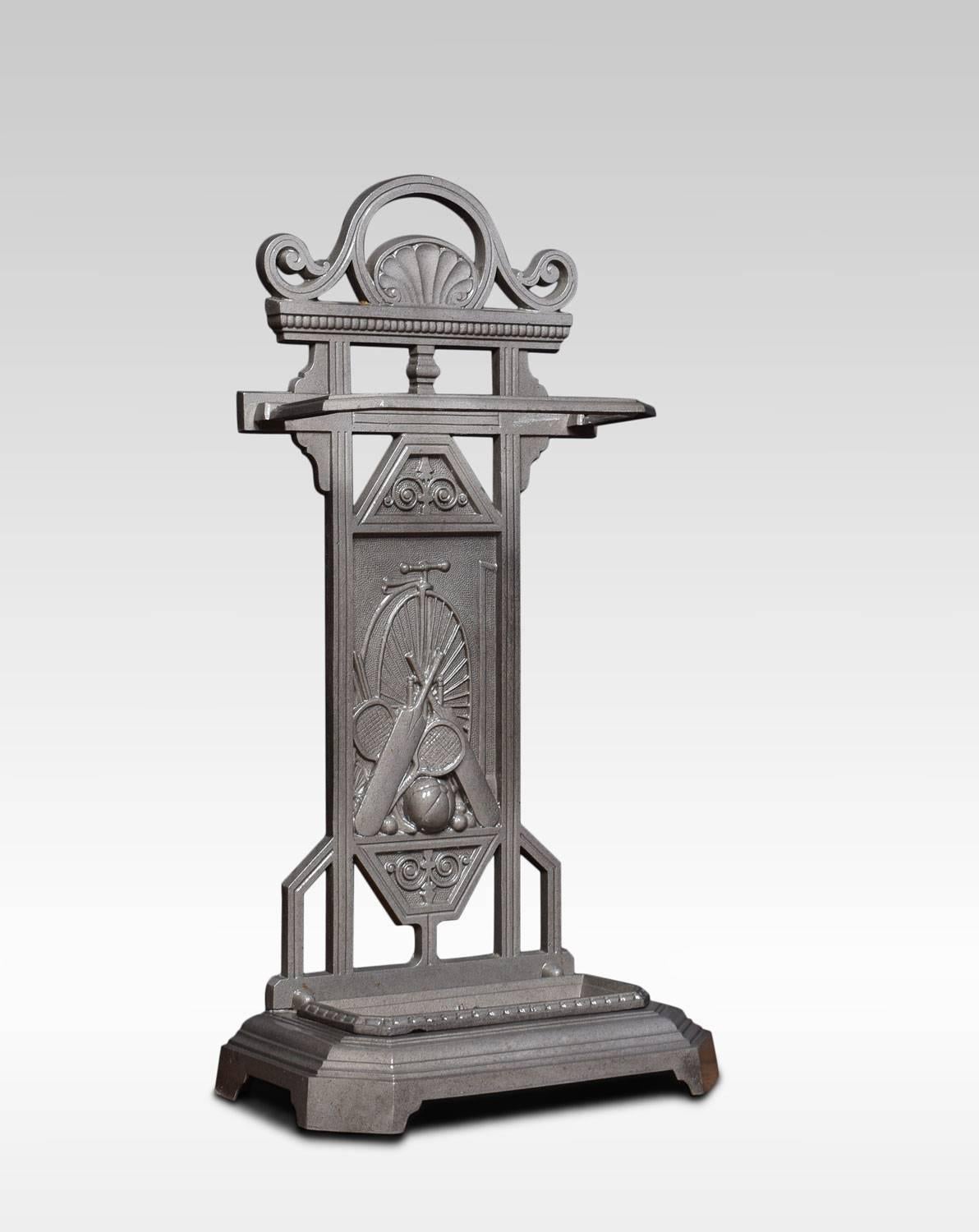 19th century cast iron stick or umbrella stand, the backplate with sporting motif and penny farthing in background. All raised up on plinth base incorporating original drip trays. The manner reminiscent of Thomas Jekyll.
Dimensions:
Height 30.5