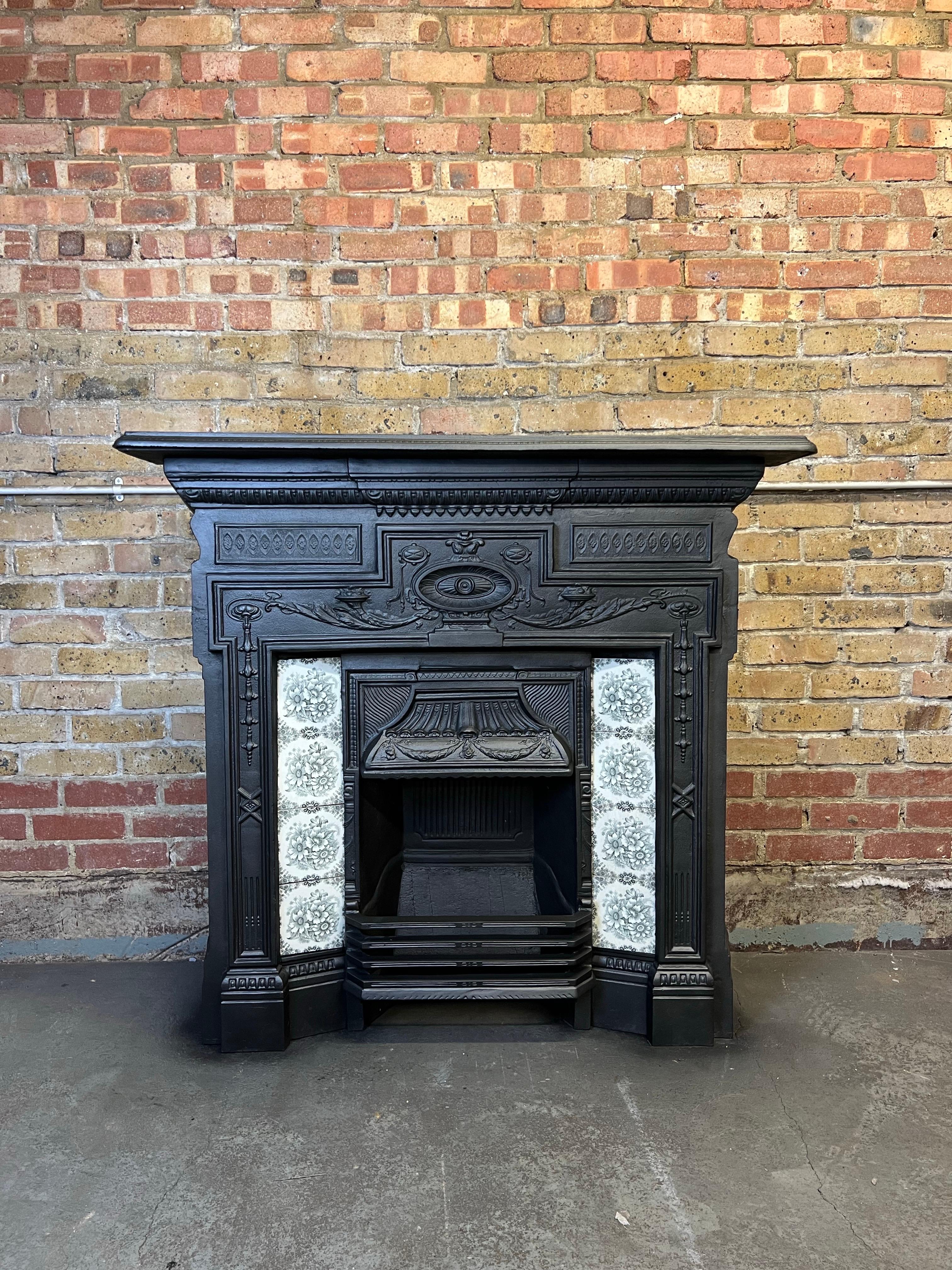 19th Century Cast Iron Tiled Fireplace Combination.
Original Victorian Firepalce Recently Salvaged From A London Town House.
Known As A Combination Fireplace As This Casting Includes Both The Mantlepiece And The Cast Iron Interior.
Blackened