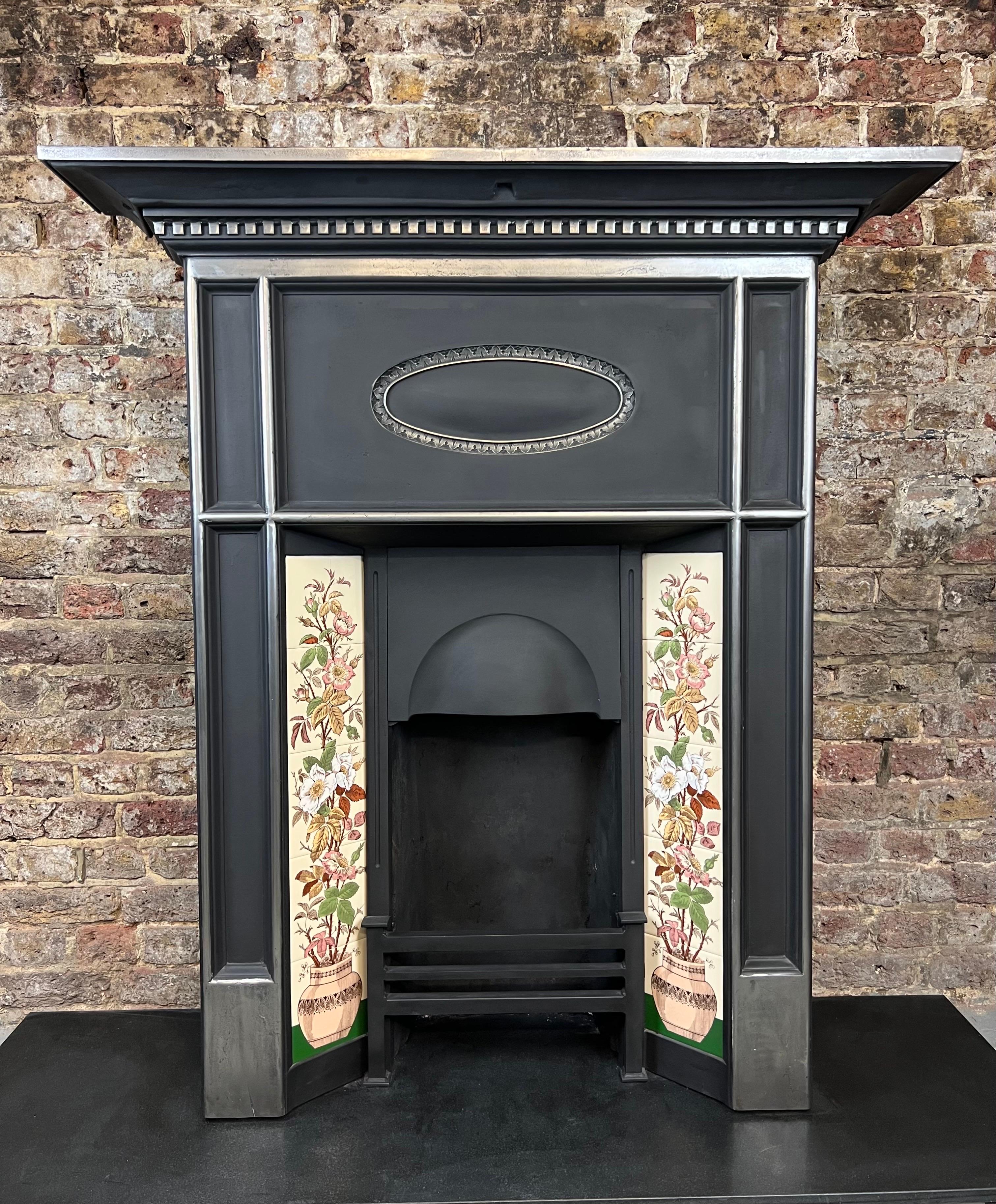 Blackened 19th Century Cast Iron Tiled Fireplace For Sale