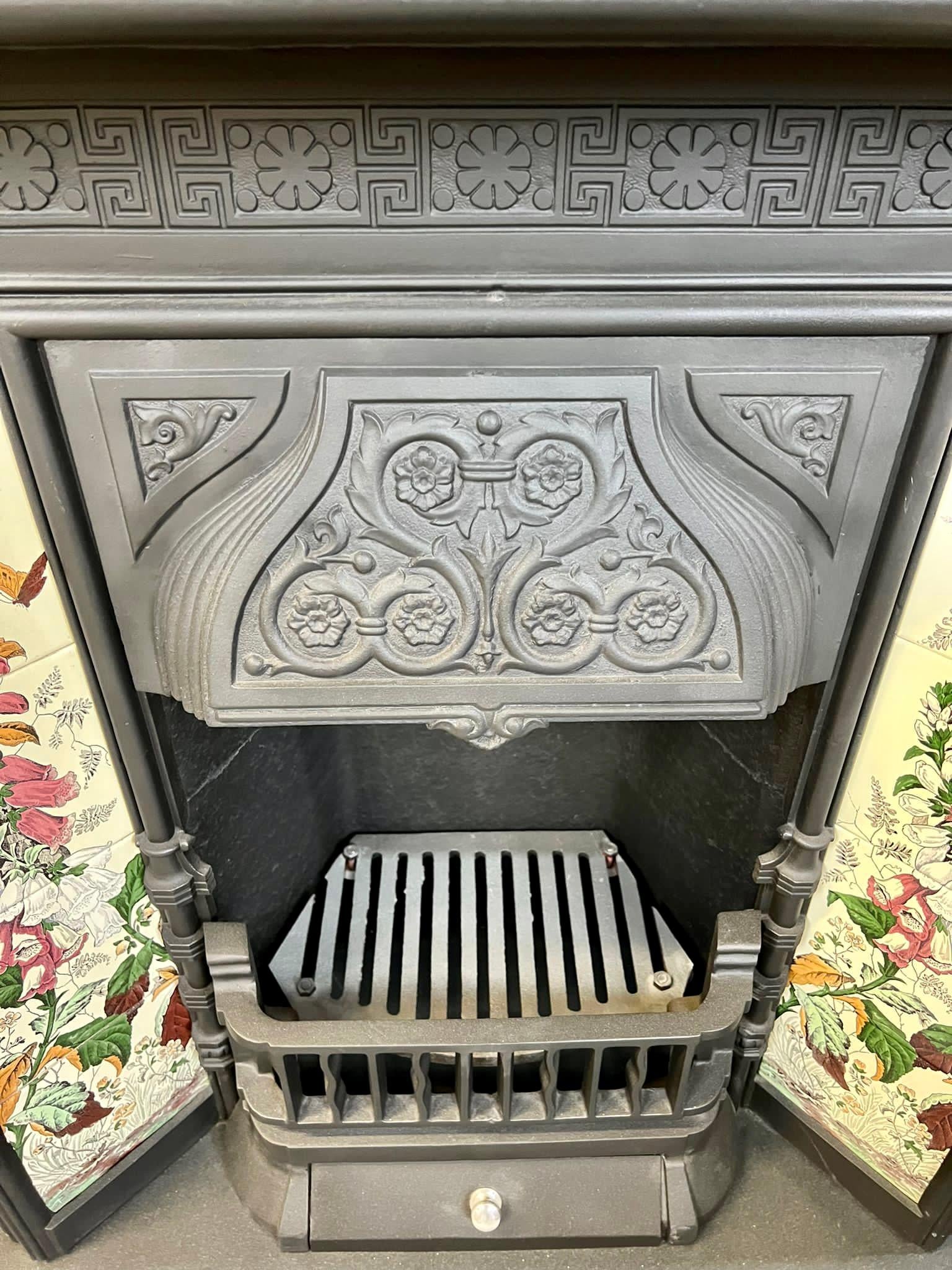 Blackened 19th Century Cast Iron Tiled Fireplace Insert 