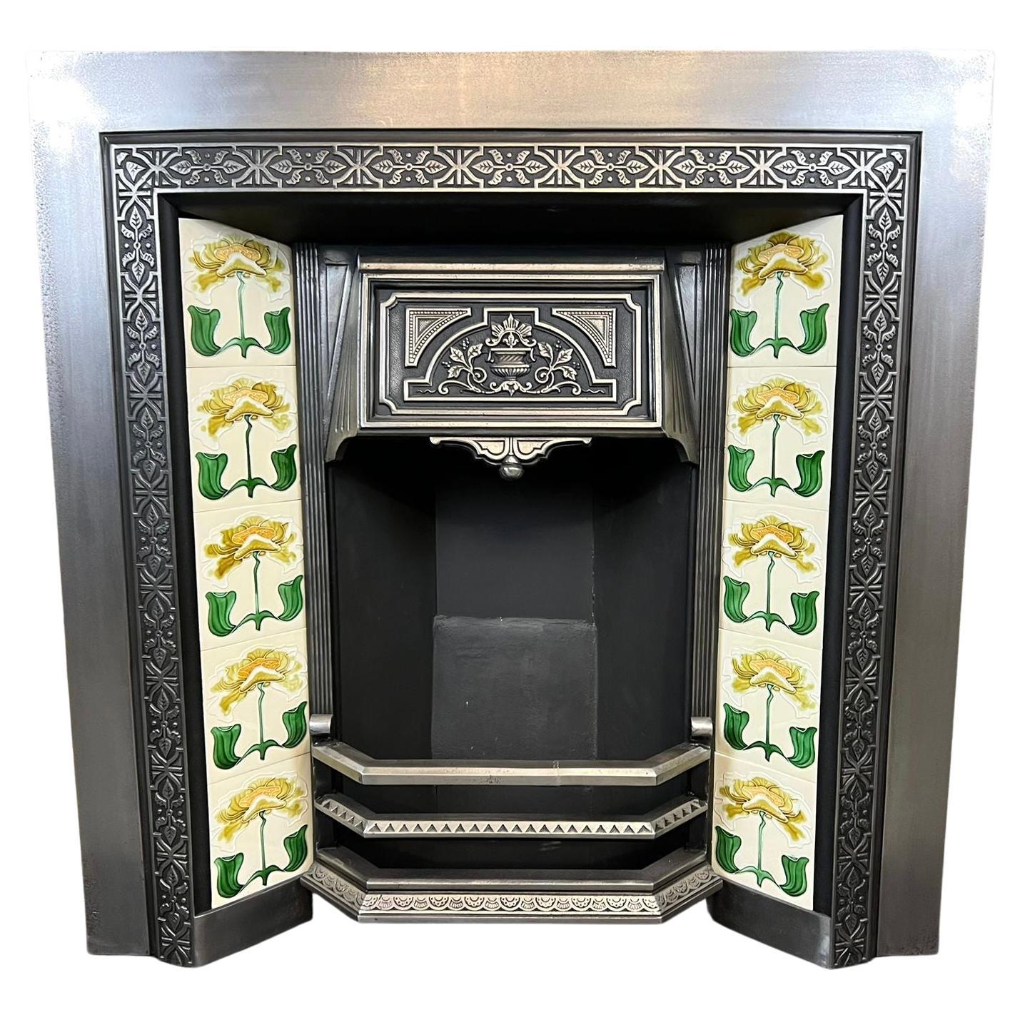 19th Century Cast Iron Tiled Fireplace Insert For Sale