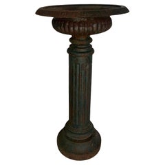 19th Century Cast Iron Urn on Pedestal with Original Green Paint