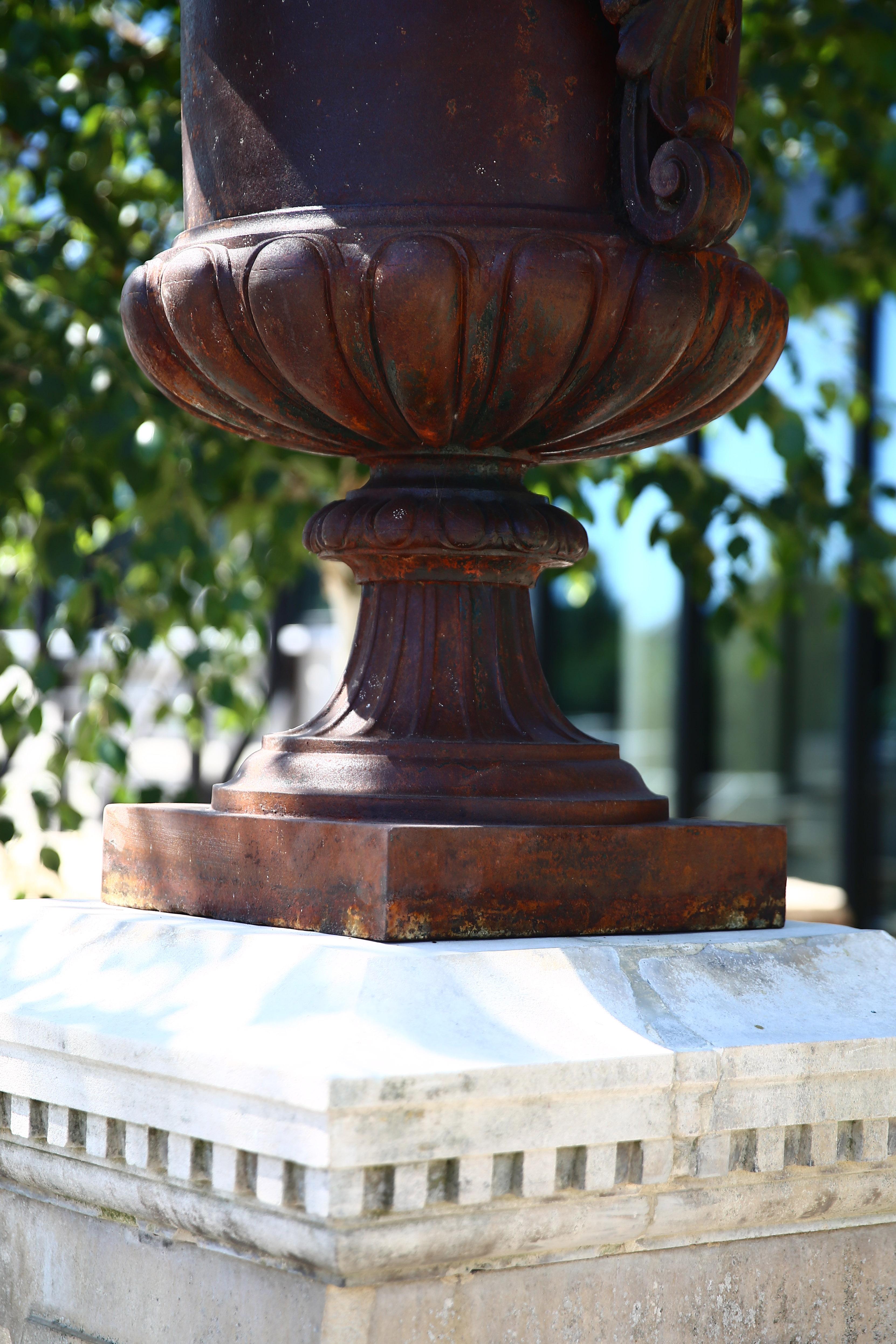 Cast Iron Vase and French Limestone Pedestal Base For Sale 4