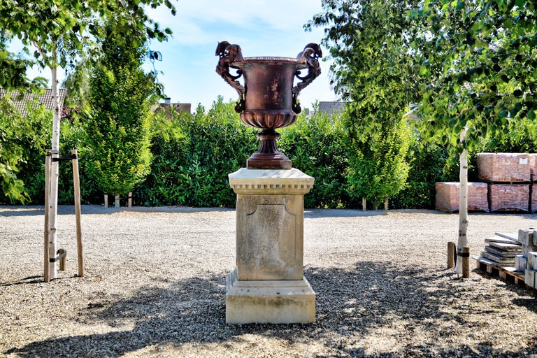 Other 19th Century Cast Iron Vase and French Limestone Pedestal Base For Sale