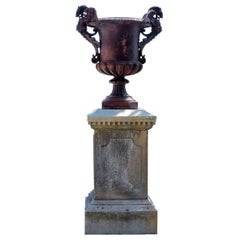 Cast Iron Vase and French Limestone Pedestal Base