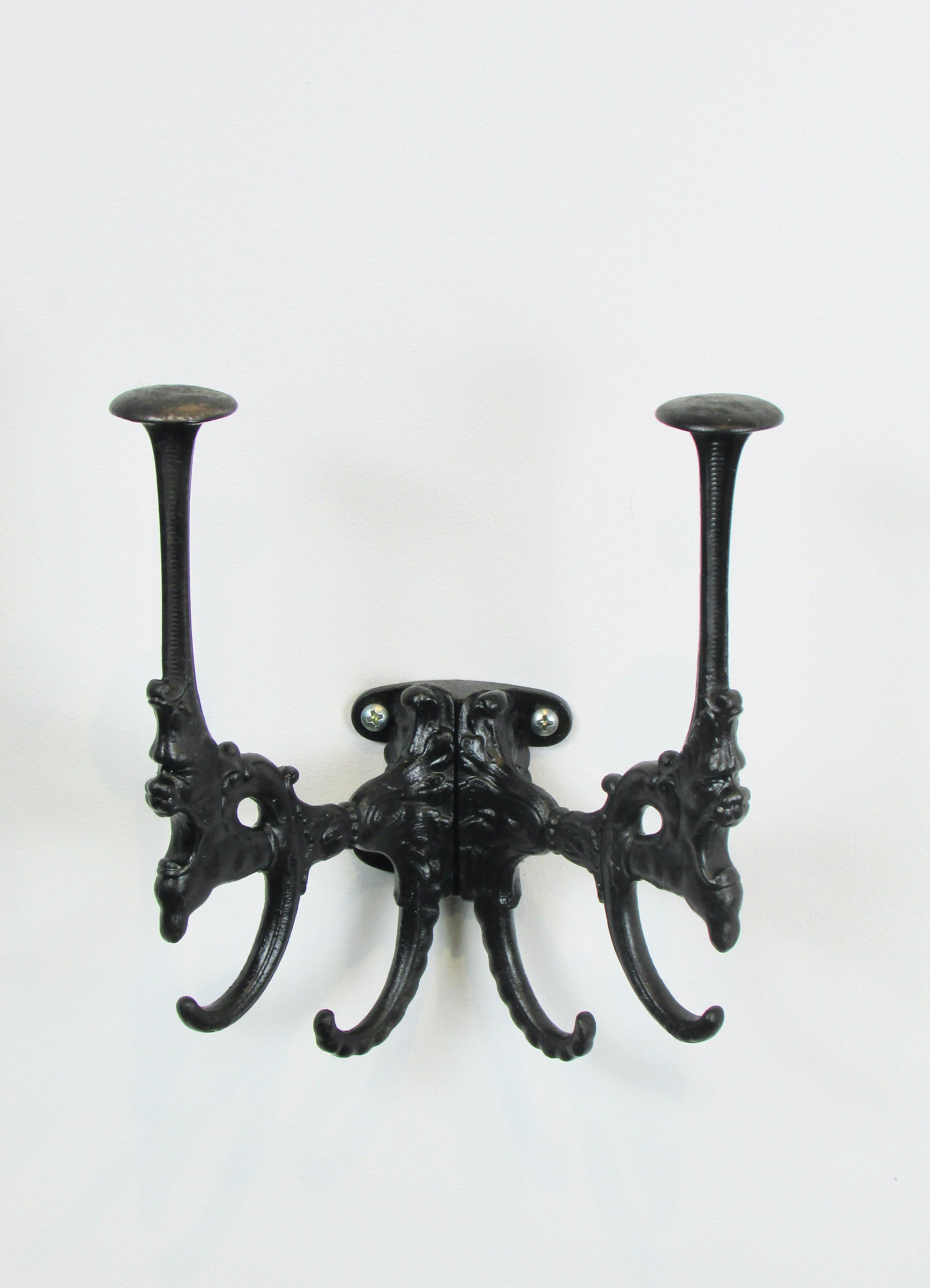 Late Victorian 19th Century Cast Iron Wall Mounted Hat Rack With Gargoyles For Sale