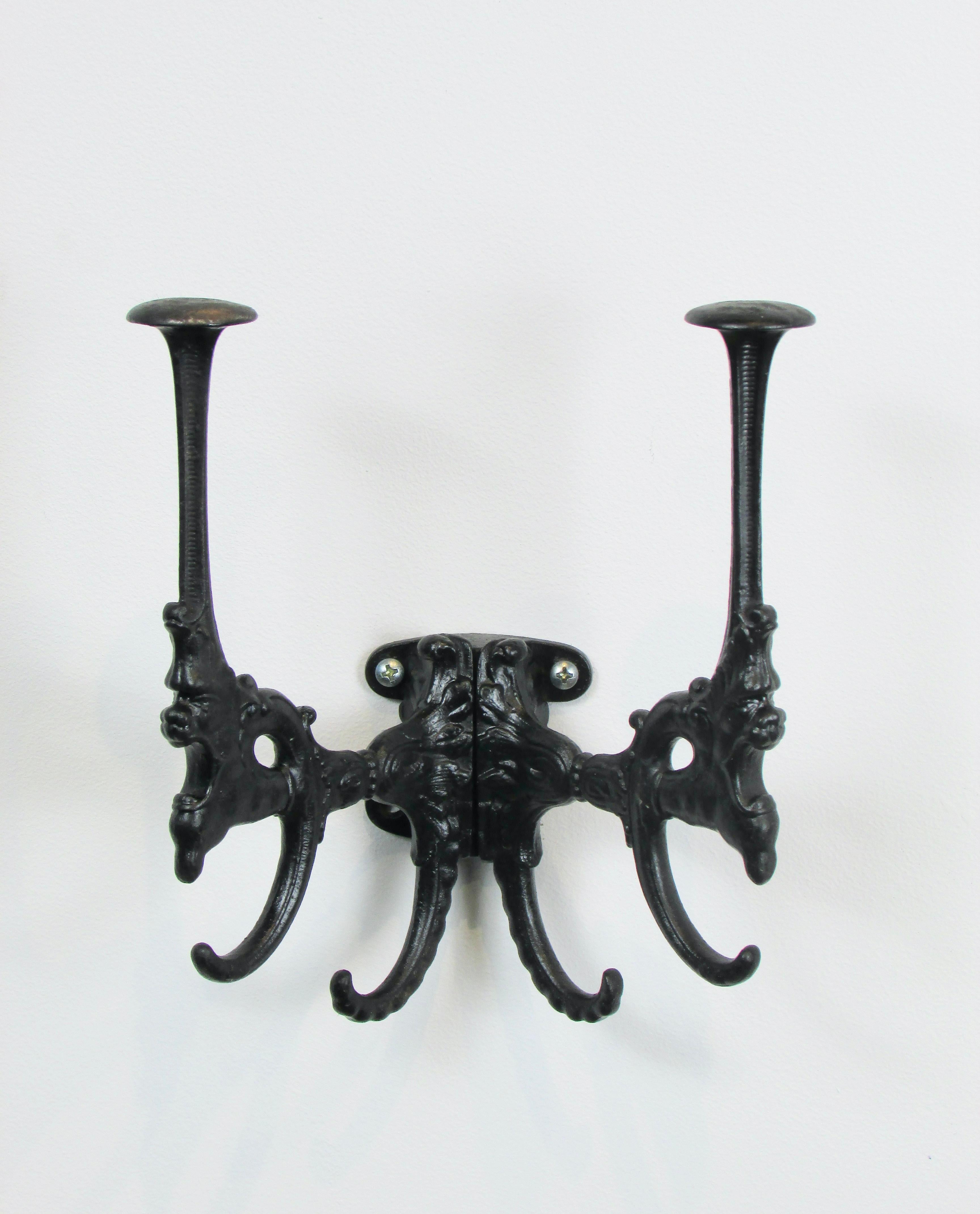 19th Century Cast Iron Wall Mounted Hat Rack With Gargoyles In Good Condition For Sale In Ferndale, MI