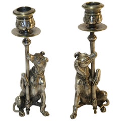 19th Century Cast Silvered Bronze Pair of English Seated Greyhound Candlesticks