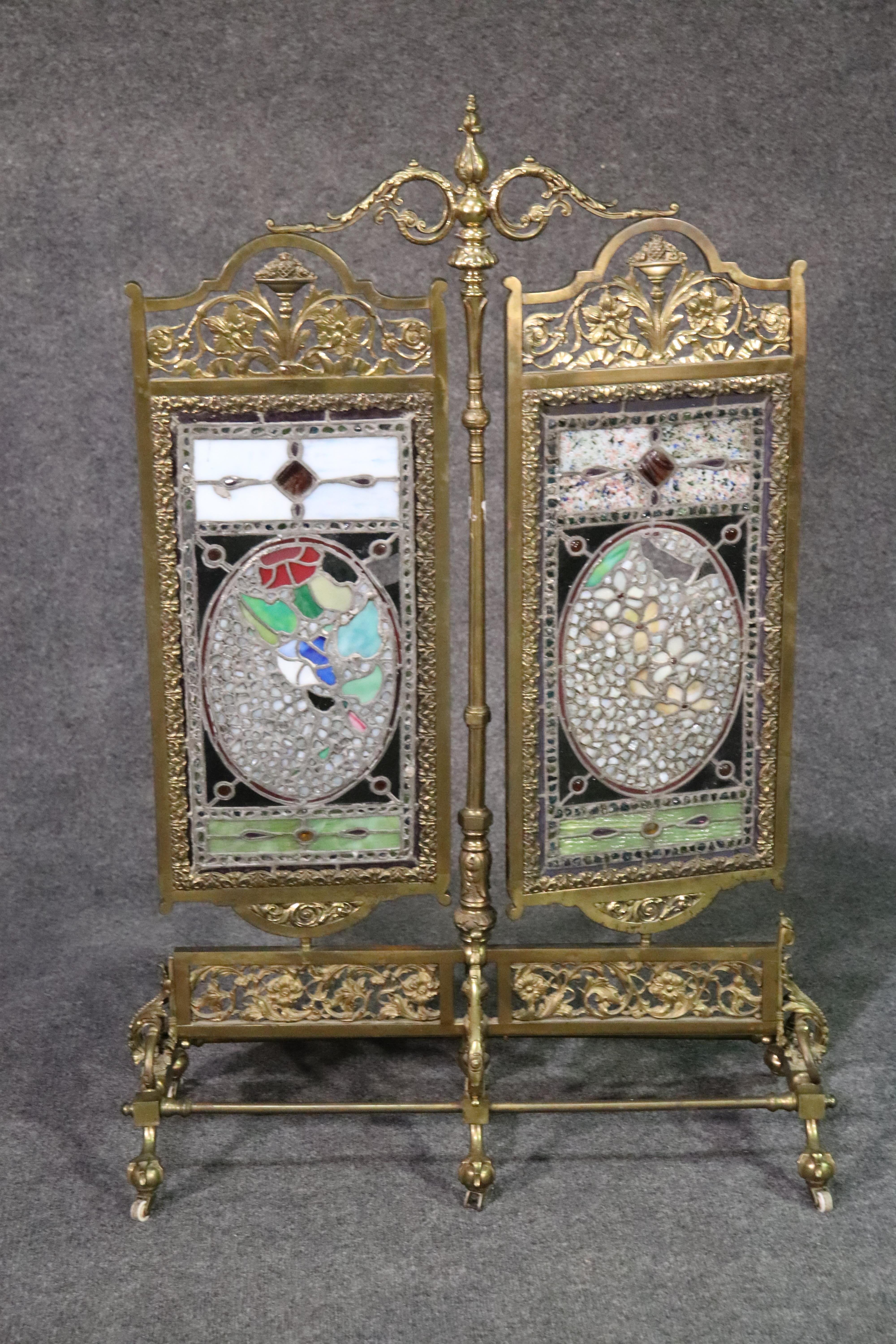 19th Century Cast Solid Brass Victorian Jeweled Stained Glass Firescreen 10