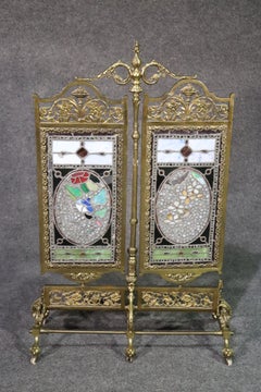 19th Century Cast Solid Brass Victorian Jeweled Stained Glass Firescreen