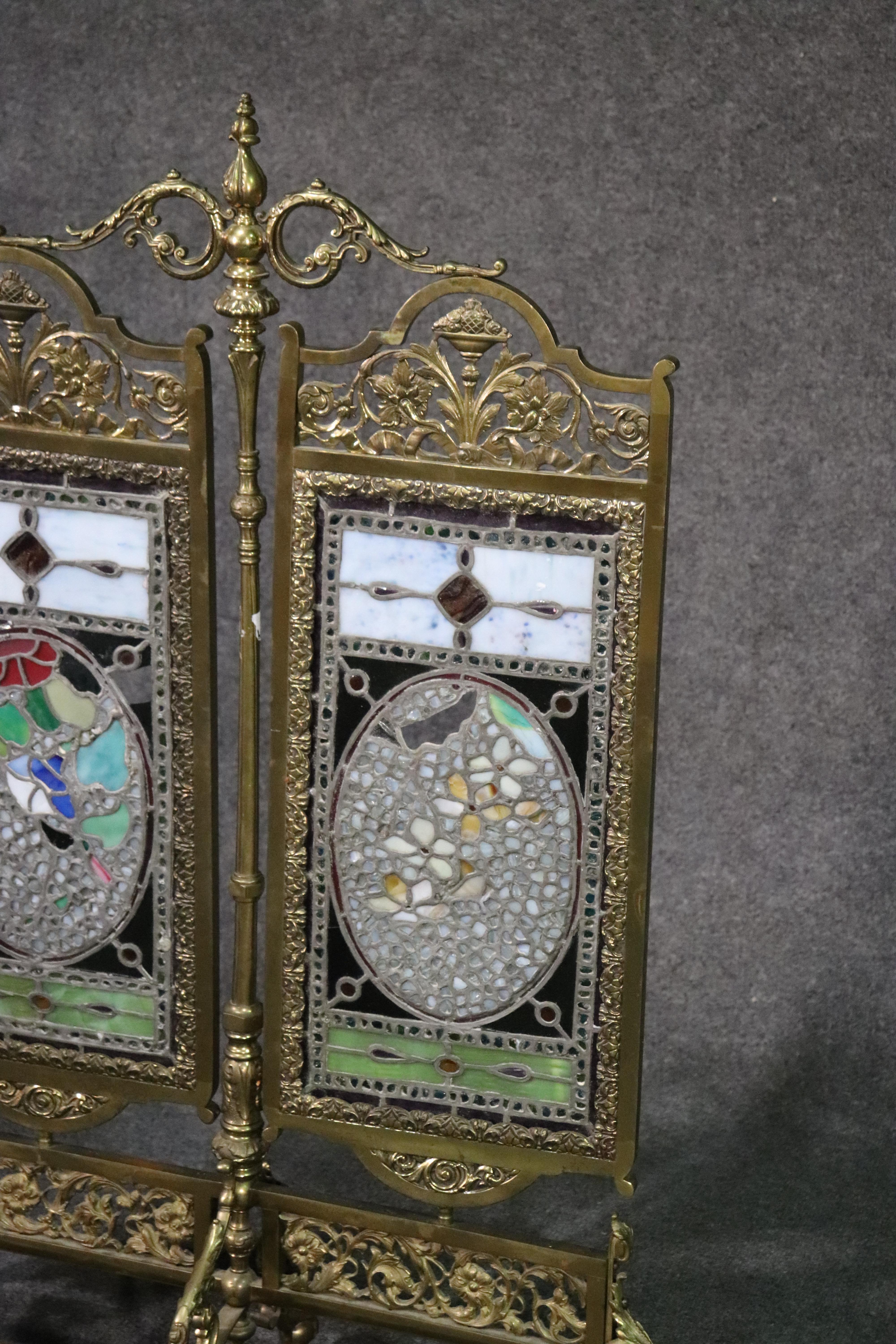 High Victorian 19th Century Cast Solid Brass Victorian Jeweled Stained Glass Firescreen