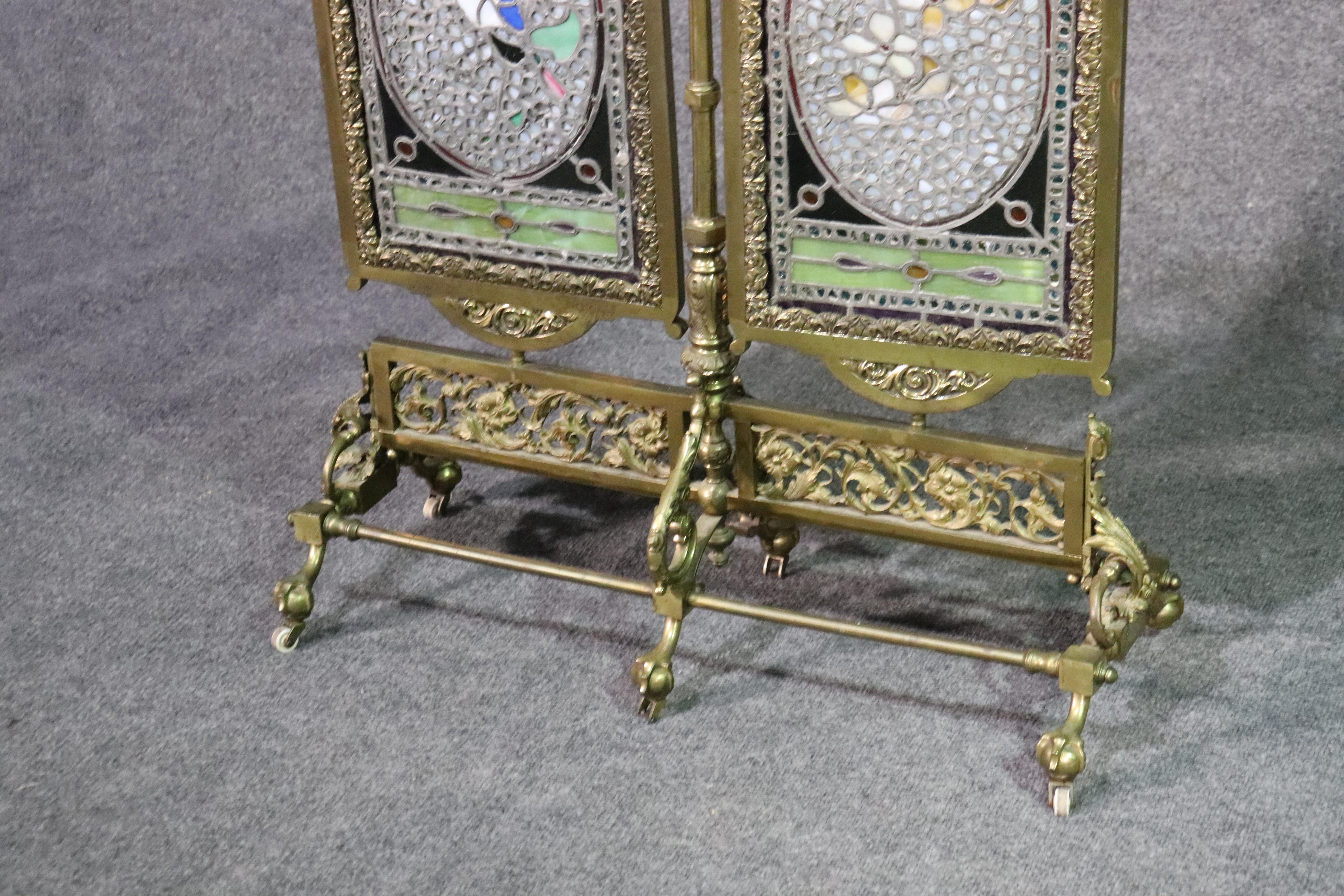 19th Century Cast Solid Brass Victorian Jeweled Stained Glass Firescreen In Good Condition In Swedesboro, NJ