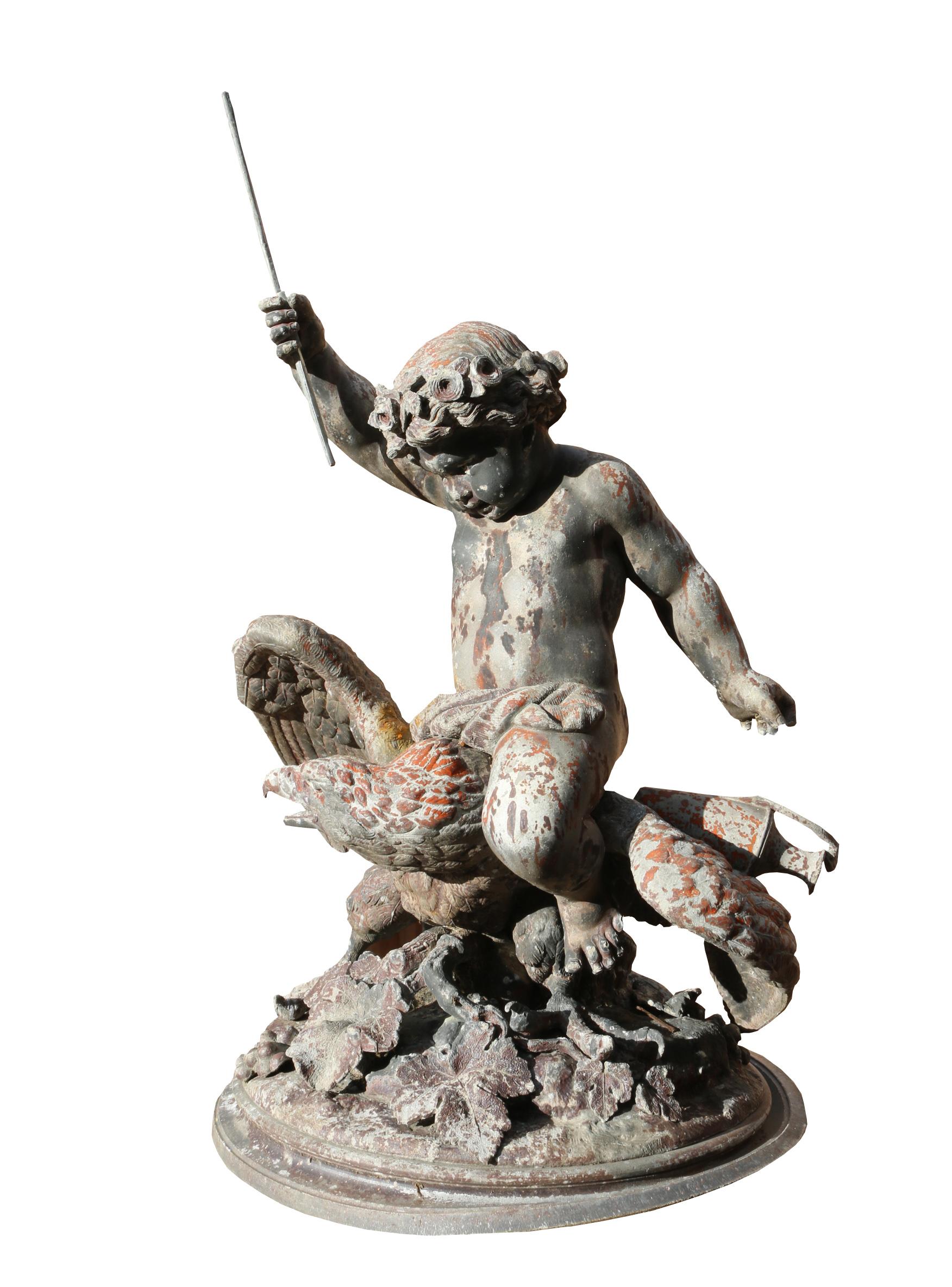 19th century cast zinc sculpture, putti riding an eagle. Measures: Height 44 cm

Base diameter 26.5 cm

Weight 5 kg approx.