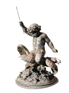 19th Century Cast Zinc Sculpture, Putti Riding an Eagle